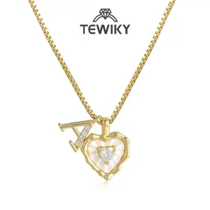 Tewiky Gold Box Chain Scalloped Shell Heart CZ Initial Necklace A–Z Micro Pave Letter Pendant For Valentine's Day gifts