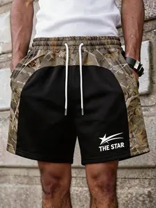 American Street Style Camo Patchwork Mesh Drawstring Shorts, Colorblock Star Letter Graphic Print, Loose Fit, Casual Athletic Retro Streetwear, Campus/field/daily Wear
