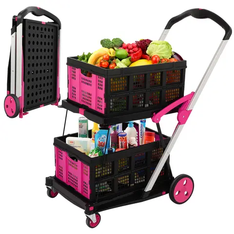 Foldable Utility Cart with Wheels,Folding Cart for Cosmetic Organizer,Grocery,Office,Warehouse,Garden, Double Layers Foldable Shopping Cart,Folding Trolley for Luggage Heavy Duty