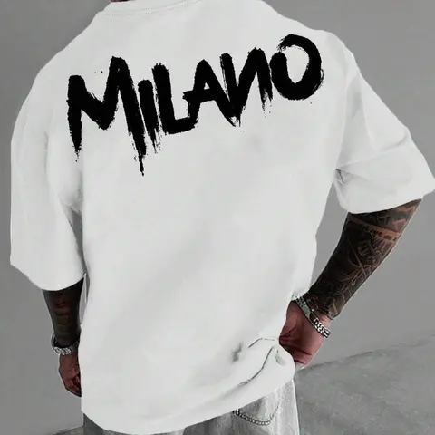 Men's Letter Print Drop Shoulder Stretchy Jersey Tee, Regular Fit Casual Streetwear Graphic Tees Short Sleeve Round Neck T-Shirt for Summer, Men's Top for Daily Wear, Classic, Menswear