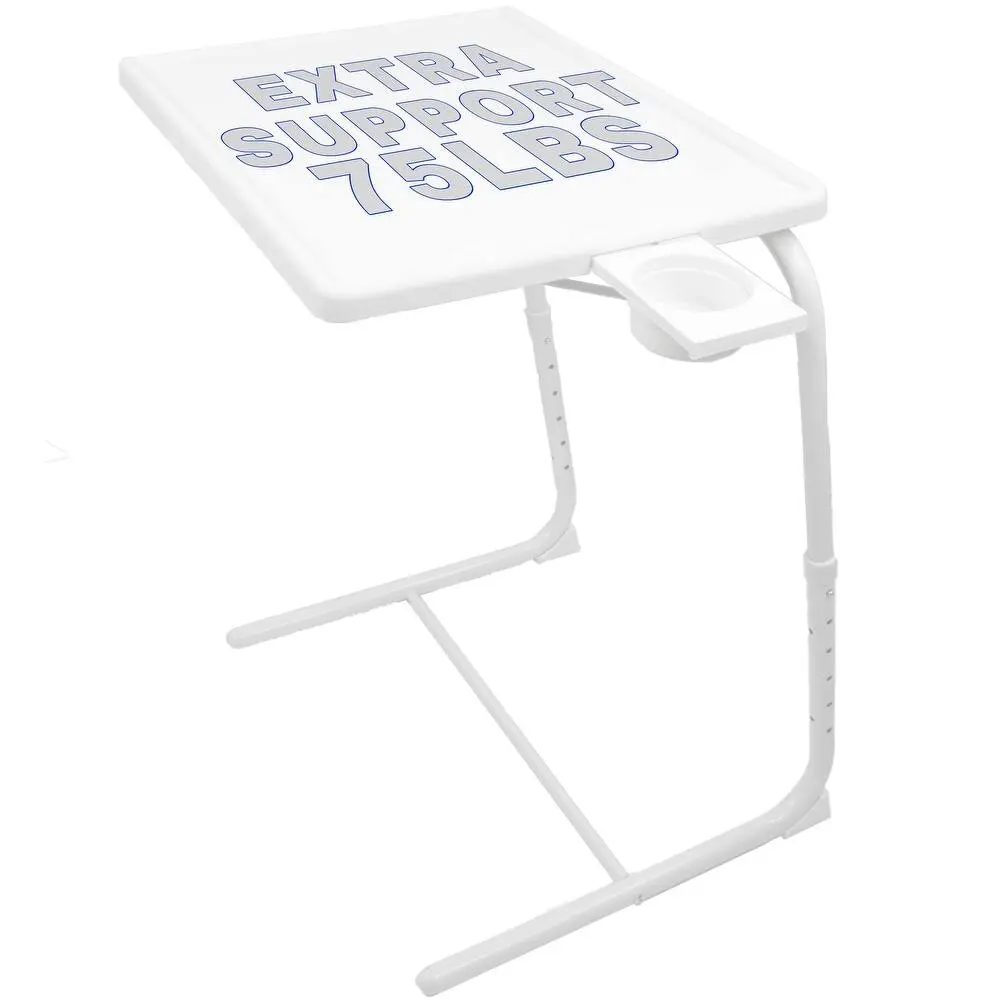 TV Tray Table Portable Foldable & Adjustable - Laptop, Eating, Drawing, Snack Plastic Tray Table Stand w/ Adjustable Cup Holder - White