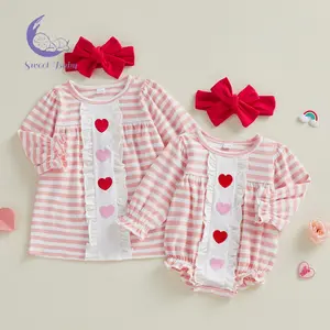 Sisters Outfit Matching Set, Long Sleeve Crew Neck Striped Embroidery Heart Romper/Dress with Headband for Valentine’s Day