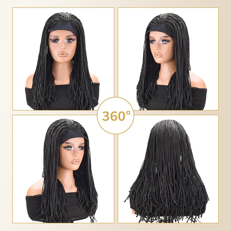 20 Inch Box Braided Headband Wig for Black Women, Long Synthetic Braided Wig with Headband, Glueless Easy Wear Crochet Braids Wig Natural Black Protective Style Wig Daily Use