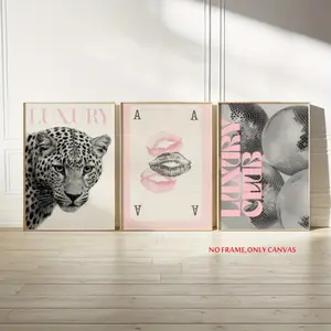 3-Piece Modern Luxury Artistic Wall Art Set: Pink Leopard Print Design Lip Prints and Disco Ball Fashion Canvas Unframed Wall Art Poster Collection, Perfect for Bedroom or Living Room Decor, 2D Flat Decorative Art Decoration