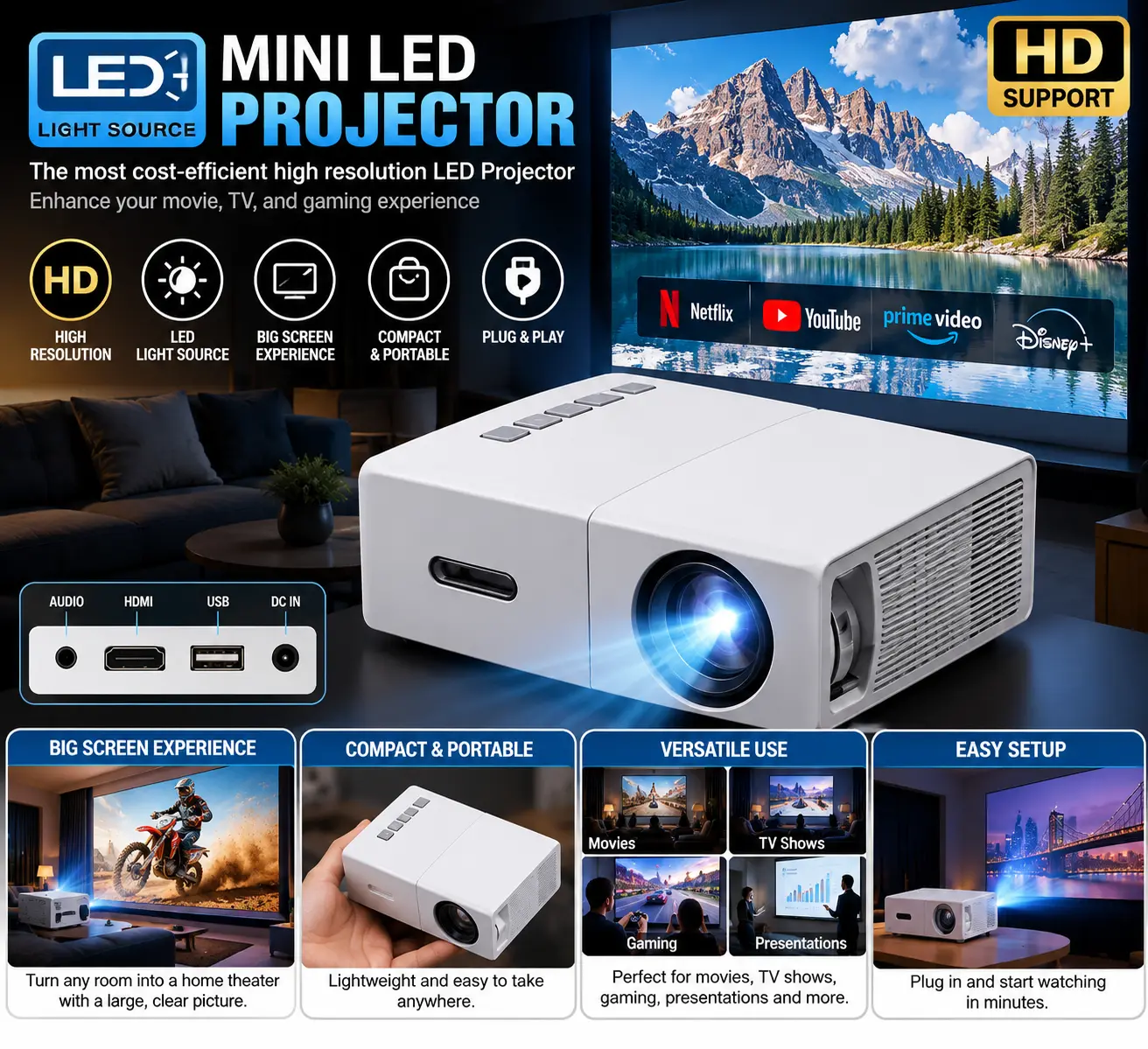 $149.99 MSRP Mini LED Projector – Portable Home Theater & Gaming Projector