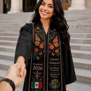 Orange Butterfly Flower Mexican Graduation Stole, Custom Graduation Stole, Class of 2026, Estola de Graduación, Printed Grad Stole