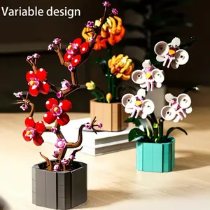 Building Block Orchid Plum Jasmine Chrysanthemum Flower Assembly Desktop Ornament, Girls Valentine's Day Gift, Decorative Tablepiece