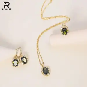 ROMASS Olive Green Zirconia Marlu Jewelry Set, Pure Silver Chain, 18K Gold Plated Necklace and Earrings