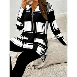180g/m2 Polyester Blend Women's Stylish Plaid Print Zip-Up Long Sleeve Tee - Casual Fall/Winter Knit Top, Machine Washable, Glossy Fabric - Casual Women's Wear | Plaid Pattern Top | Ladies T Shirts(Sheet)