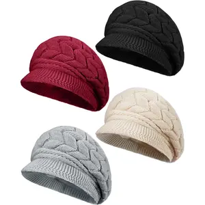 Trinket Hub Women Winter 4pcs Hat Knitted Caps with Visor 2025 Warm Hats for Women Beanies for Winter Cold Weather Fit Chic Winter Looks