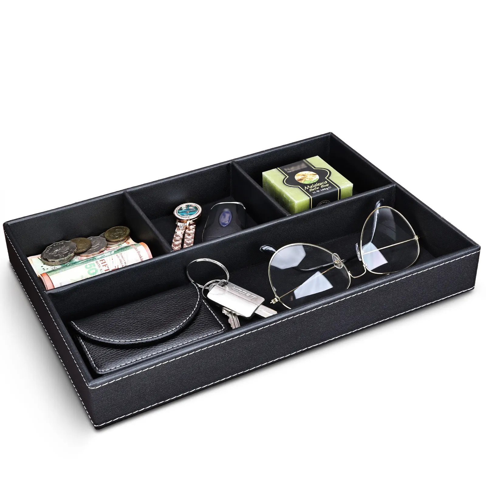 KINGFOM Faux Leather Valet Tray for Men, Stackable Jewelry Trays Drawer Organizer Tray Nightstand Organizer for Men, EDC Tray for Key, Wallet, Sunglass, Watch, Coin, Phone, Cologne