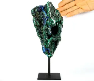 Huge 5.4" Azurite& malachite Mineral Carved Crystal Skull Sculpture With Stand, Crystal Healing