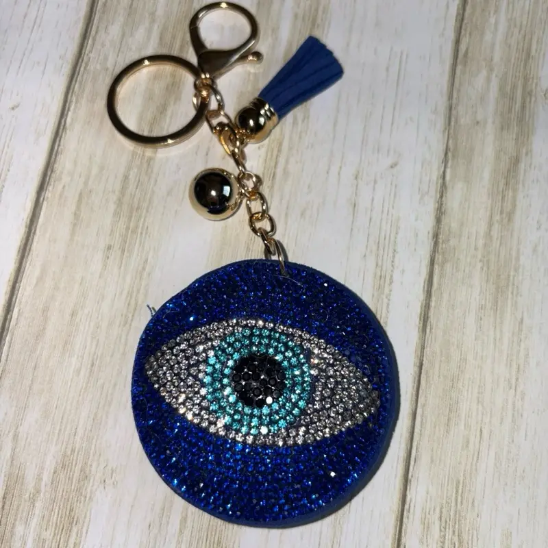 Blue Glitter Eye Keychain with Tassel and Gold Chain Charm for Protection and Style