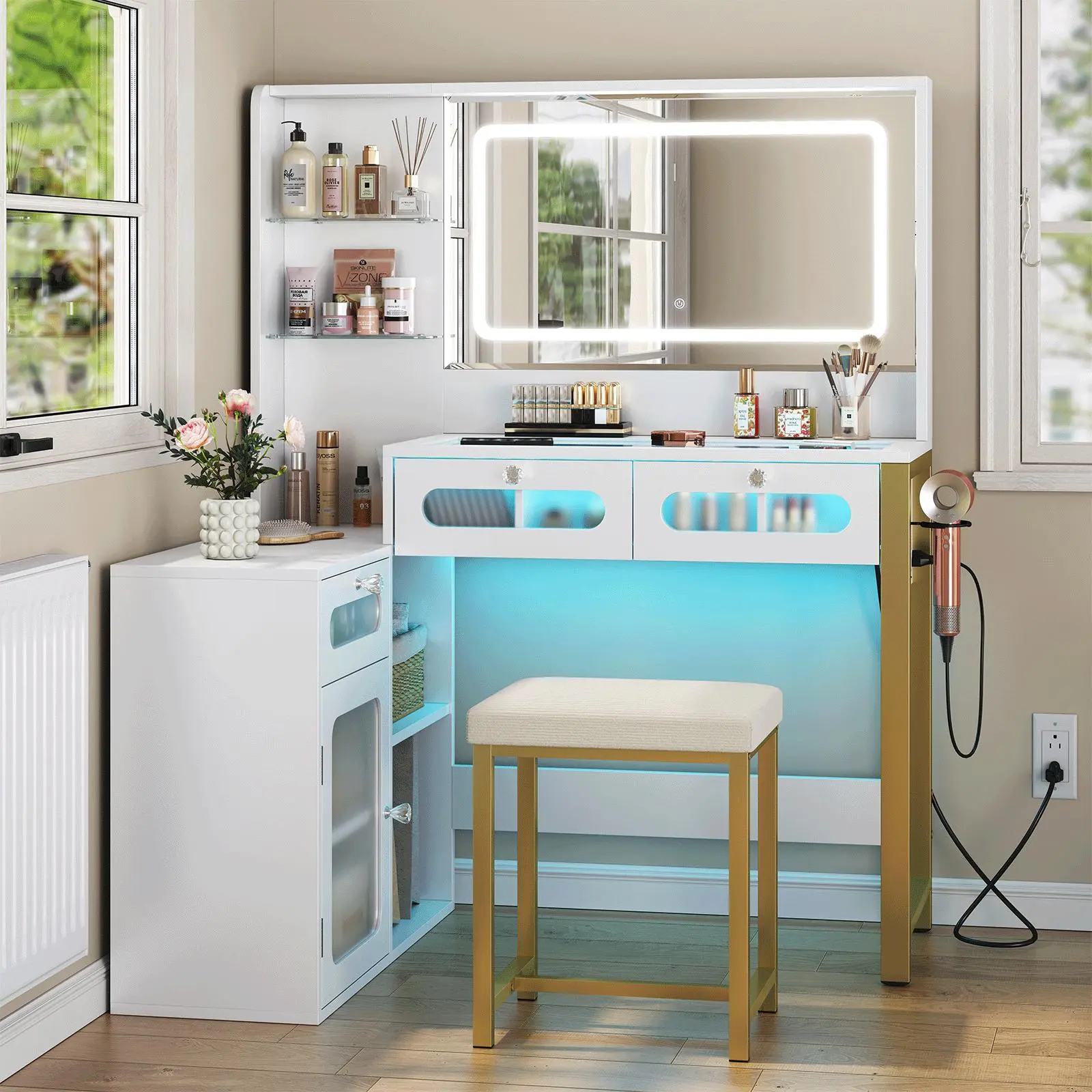 Oak-colored vanity table with mirror light fixture, three color modes, dual RGB drawers, large-capacity tempered glass cabinet body, power outlet, adjustable lighting, ample storage space, built-in charging station - TikTok Shop Oak-colored vanity table with mirror light fixture, three color modes, dual RGB drawers, large-capacity tempered glass cabinet body, power outlet, adjustable lighting, ample storage space, built-in charging station - TikTok Shop
