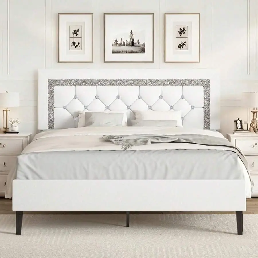 Upholstered  Frame  Headboard, Modern  Frame  Diamond Tufted Headboard, PU Leather  Frame, No Box Spring Needed, Easy Assembly, White/ Black/ Pink, Twin/ Full/ Queen Size Floor Bed with Guardrail Primed "T" Style DIY Barn Door