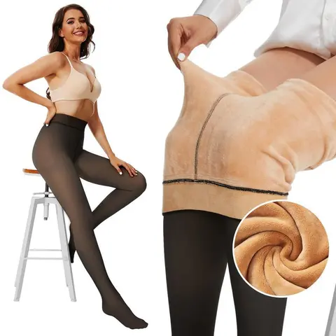 Women's Fleece Lined Sheer Tights - Winter Fake Translucent Warm Pantyhose Leggings - Thermal, Womenswear