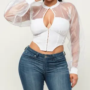 White Sheer Corset Crop Top with Puffy Sleeves
