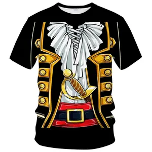 Unisex Pirate Costume 3D Print T-Shirt – Gold Buttons, Ruffled Shirt, Sword & Belt Design | Ideal for Halloween, Cosplay, Pirate Themed Events