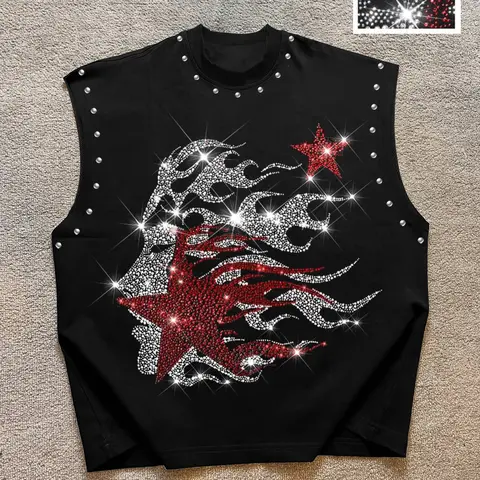 Men's Casual Vest, Sleeveless Clothes, Workout Sleeveless Activewear, with Flame and Star Rhinestone Graphic Print, Regular Fit, Fashionable and Versatile, Perfect for Summer Fitness, Gym or Outdoor Sports