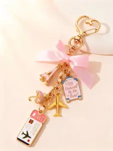 Elegant Bow Travel Keychain Pendant, Oil Drop Airplane Luggage Tag, Passport Eiffel Tower DIY Accessory, Women Handbag Charm