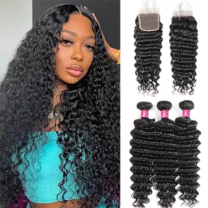 Deep Wave Bundles With Closure 4x4 Inch Free Part Human Hair Bundles With Closure 3PCS Bundles With Closure