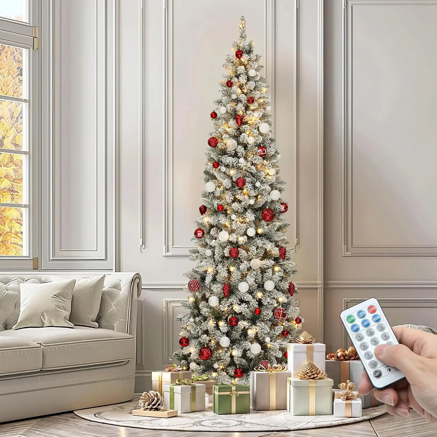 YITAHOME 6/7.5ft Pre-lit Snow Flocked Pencil Christmas Tree with Remote Control, Kingswood Fir, Hinged Artificial Slim Corner Xmas Tree for Home, Office, Party Decoration w/ 700 Branch Tips and 300 Lights
