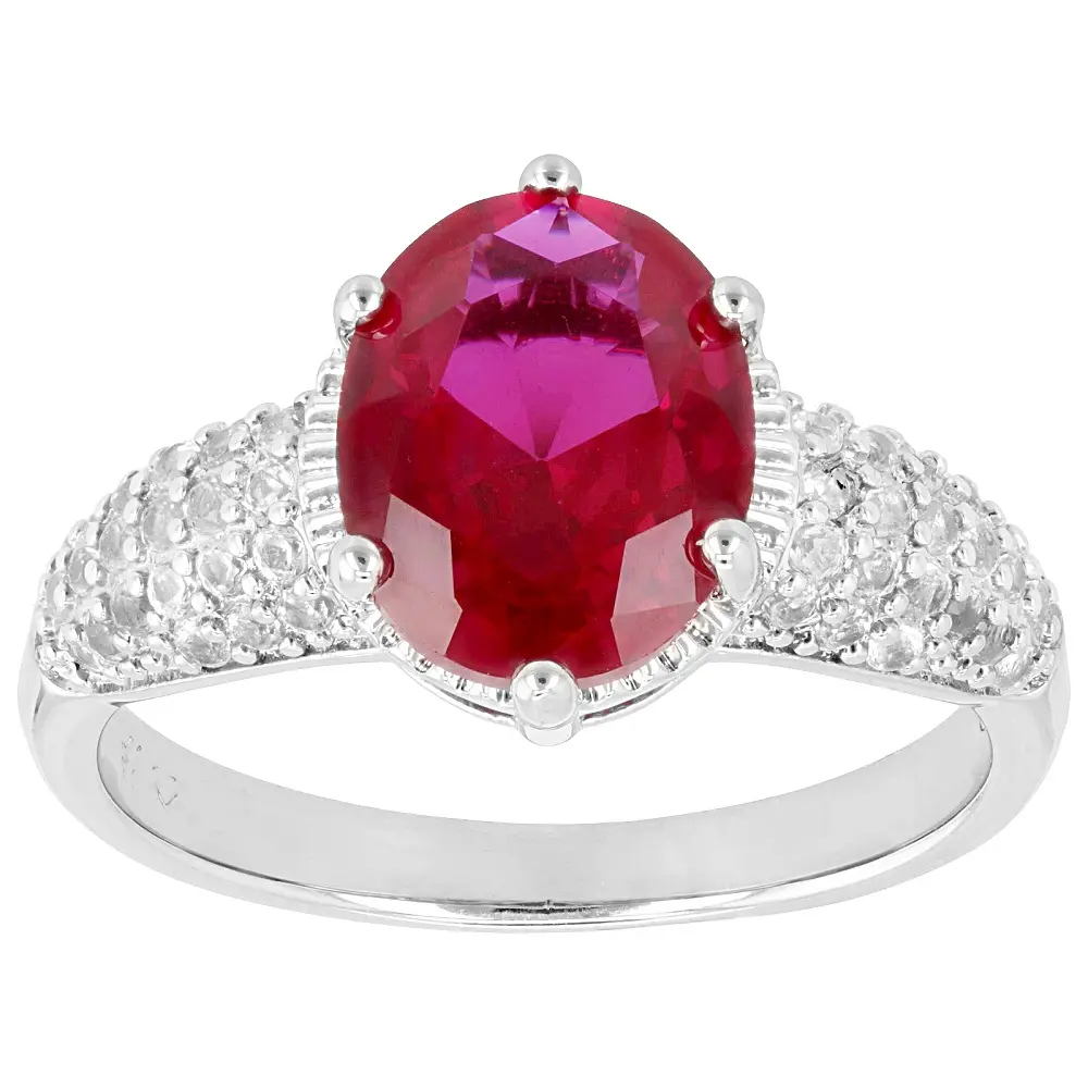 JTV Lab Ruby Ring - Rhodium-Plated Artificial Gemstone Ring with 3.07ctw Oval Gem