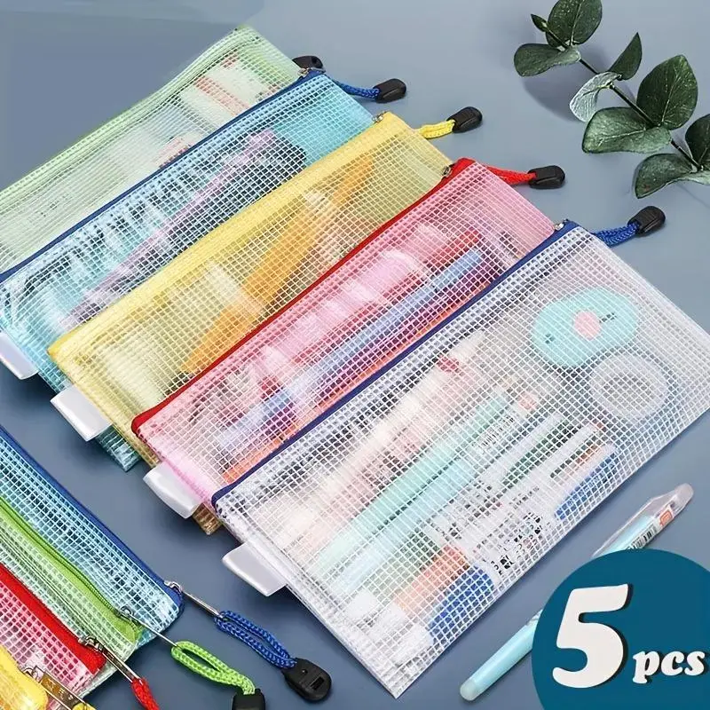 Humwam 5 Pack A6 Clear Mesh Storage Pouches, Waterproof Zipper Document Bags, Multipurpose Stationery Organizer Bags for School Office & Home Use