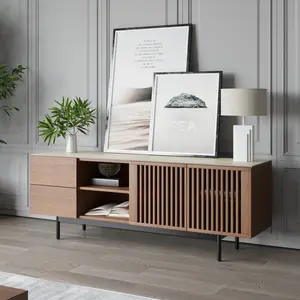 62.99"Mid-Century Modern TV Stand with Matte Sintered Stone Tabletop, Louvered Wood Entertainment Center with Slatted Doors, Open Storage