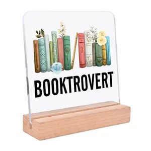 Booktrovert Acrylic Desktop Plaques with Wooden Stand, Book Themed Desktop Ornament for Desk Living Room Bedroom Office Home Decor
