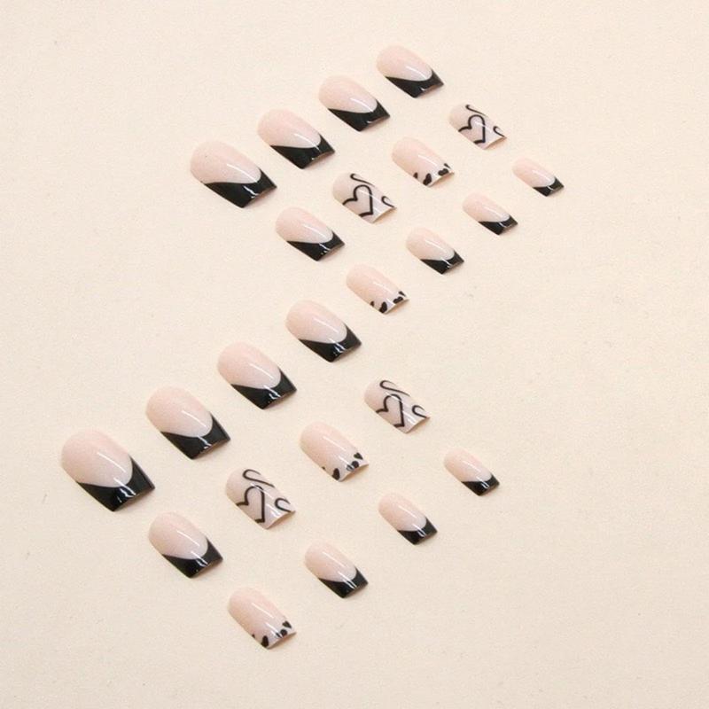 French Tip Press on Nails Short Square Fake Nails Black Acrylic Nails with White Heart Design Stick on Nails Artificial Full Cover Glossy Glue on Nails for Women Girls Valentine's Day Manicure 24pcs…