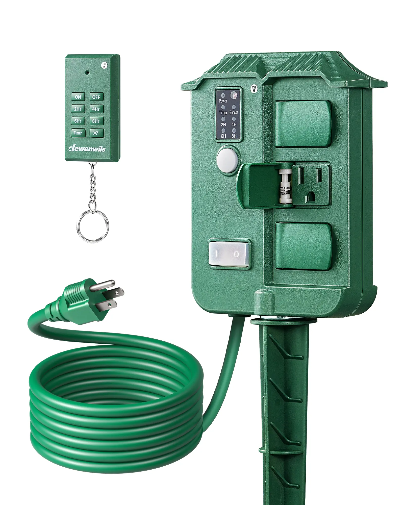 DEWENWILS Outdoor Power Stake Timer Waterproof,  Wireless Remote Control, 6 Grounded Outlets, 6FT Cord, Photocell Dusk to Dawn for Outdoor Lights, outlet extender, remote switch, outdoor plug, Sprinklers, Retractable Hose Reel, Sensor Garden