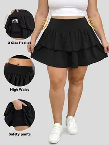 Plus Size Anti-See-Through Tennis Skirt, High Waist with Pockets, Safety Pant Included, Ruffle Design, Casual Style, Daily Wear