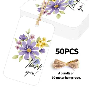 50 Pieces Gentle Flower Thank You Tags with 10m Hemp Rope, Gift Packaging Decorative Cards, Holiday Gift Blessing Hang Tags, Handmade Gift Labels