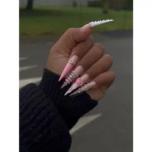Luxury Pink Pearl Press On Nails | Bow Rhinestone | Handmade Long Stiletto Set