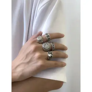 Men's fashionable alloy stacked ring, street style retro cool design totem geometric pattern men's ring