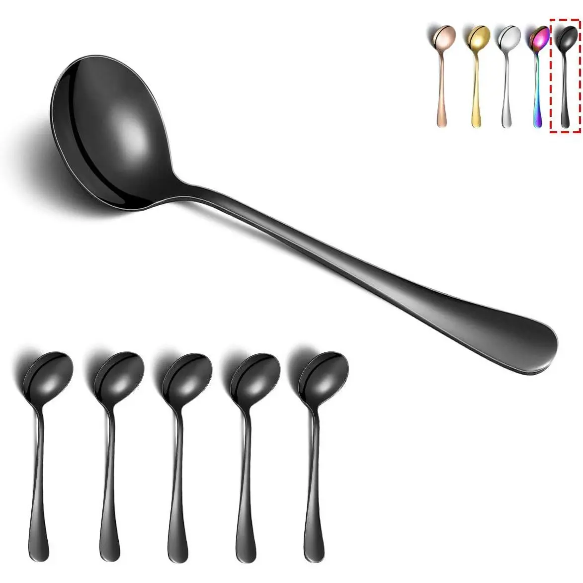 Black Soup Spoons,  6 count Stainless Steel Round Spoons With Black Titanium , Black Dinner Spoon Table Spoon, Spoons Silverware Dishwasher Safe Set of 6