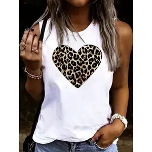 Women's Sleeveless Leopard Heart Print Tank Top - White Casual Loose Fit Breathable Summer Top, Round Neck Lightweight Sportswear for Spring/Summer/Fall, Ladies Tank Tops