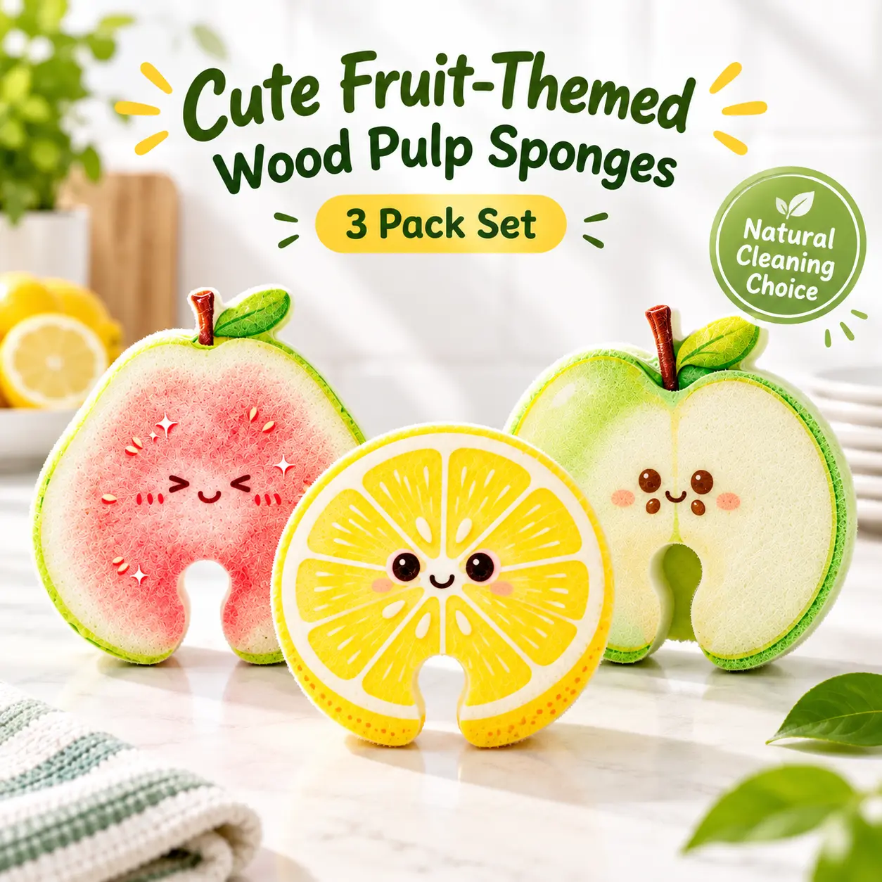 3/6-Pack Wood Pulp Dish Sponges, Fruit-Shaped Kitchen Cleaning Sponges for Dishes, Pots and Pans, Watermelon Lemon Apple Designs