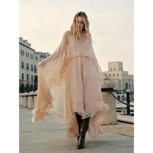 Semi-Sheer Chiffon Layered Dress With Cloak