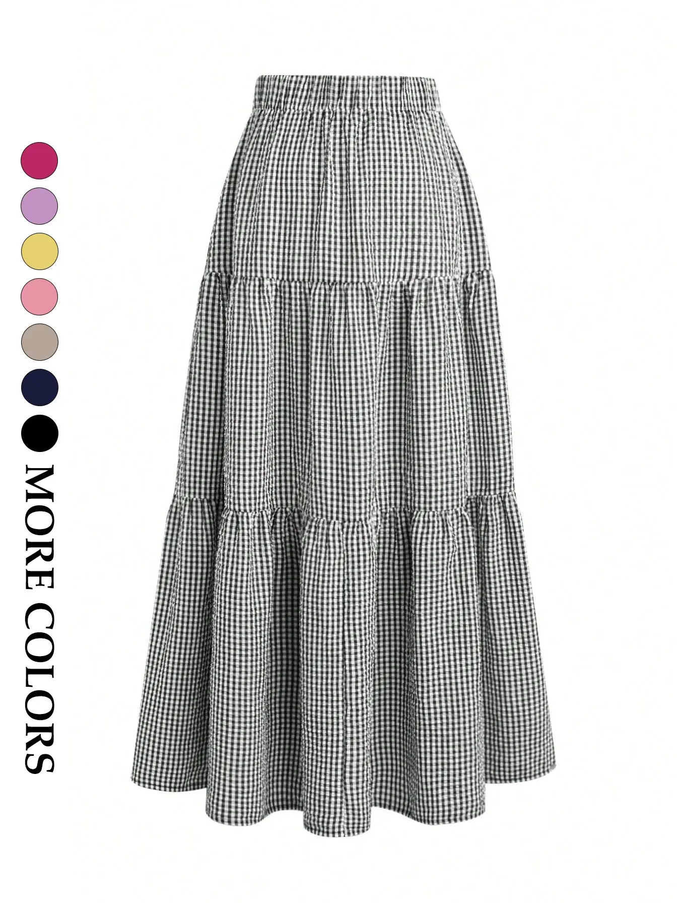 Women's French Style Plaid Cake Skirt, Mid-Waist Elastic Waist Three-Layer A-Line Long Skirt, Casual Everyday Spring Summer Dress, Womenswear, Bottom, Casual Fashion Skirt