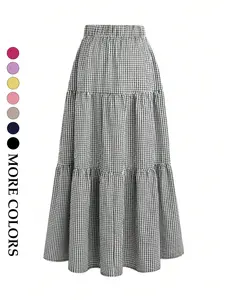 Women's French Style Plaid Cake Skirt, Mid-Waist Elastic Waist Three-Layer A-Line Long Skirt, Casual Spring Summer Dress