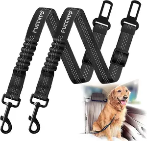 2 Pack Dog Seat Belt Adjustable Dog Car Seatbelts for Vehicle Nylon Pet Safety Seat Belt with Elastic Bungee Buffer Reflective & Durable Car Harness for Dogs PUEENOD
