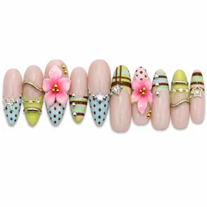 Unlock00 MACARON MEADOW - Almond Handmade Press On Nails | Easy To Apply, Long Lasting, High Quality