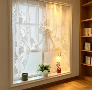 Farmhouse Lace Curtain  Floral Embroidered Tie Up Valance Rod Pocket Sheer Short Curtain For Bathroom Cafe Bedroom Window