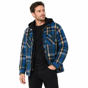 FlannelGo Men's Plaid Checked Cotton Snap-Button Quilted Hooded Long-Sleeve Shirt Jacket - Adjustable Fleece-Lined Hood, Multiple Pockets, Warm Casual Bluescape Menswear Top