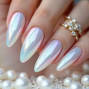 Pearl White Electroplated Press on Nails Almond Fake Nails Metallic Mirror False Nail Design Aurora White Glossy Acrylic Nails for Women Girl DIY Manicure Decoration 24Pcs