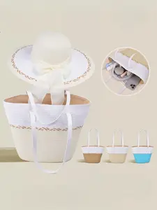 Women's Colorblock Handwoven Large Capacity Open Beach Bag and Sun Hat, Fashionable Foldable, Perfect for Summer Beach Vacation Outdoor Activities