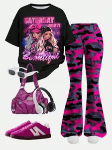 Teen Girls Cartoon Anime Print, Camo Pattern Casual Short Sleeve Top & Pants Set, Summer Wear Two-Piece Suit