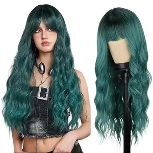 【Flash Sale】SummerVibes Ombre Green Wig with Bangs Long Wavy Wig for Women Synthetic Natural Curly Wig for Daily Cosplay, Holiday, and Travel Use
